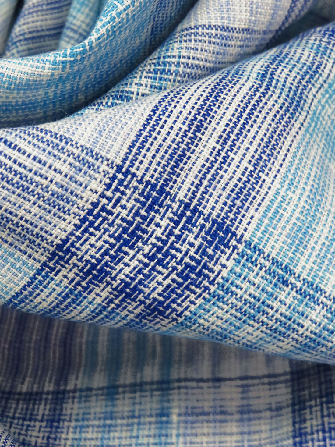 Sky Blue/Dark Blue/Off-White/Multi 100% Linen Yarn-Dyed Plaid Weave Shirt Weight Woven - European Mill - 58W