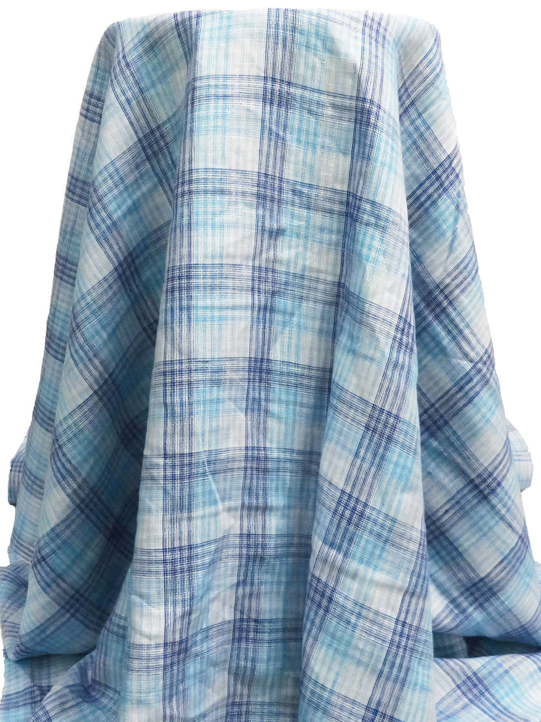 Sky Blue/Dark Blue/Off-White/Multi 100% Linen Yarn-Dyed Plaid Weave Shirt Weight Woven - European Mill - 58W
