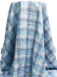 Sky Blue/Dark Blue/Off-White/Multi 100% Linen Yarn-Dyed Plaid Weave Shirt Weight Woven - European Mill - 58W