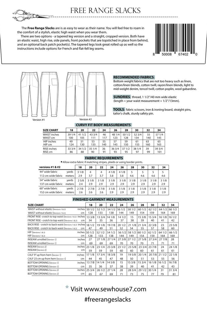 Sew House Seven Patterns - Free Range Slacks - Curvy Sizes 18-34