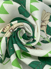 Alabaster/Deep Moss Green/Lime 100% Linen Vertical Floral Print Canvas-Like Woven - European Mill - 55W