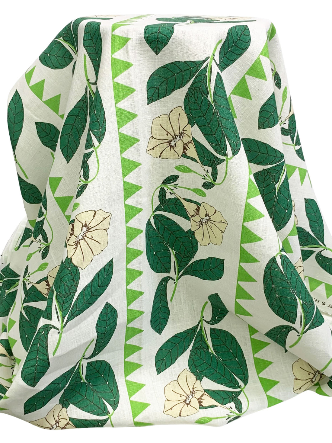 Alabaster/Deep Moss Green/Lime 100% Linen Vertical Floral Print Canvas-Like Woven - European Mill - 55W