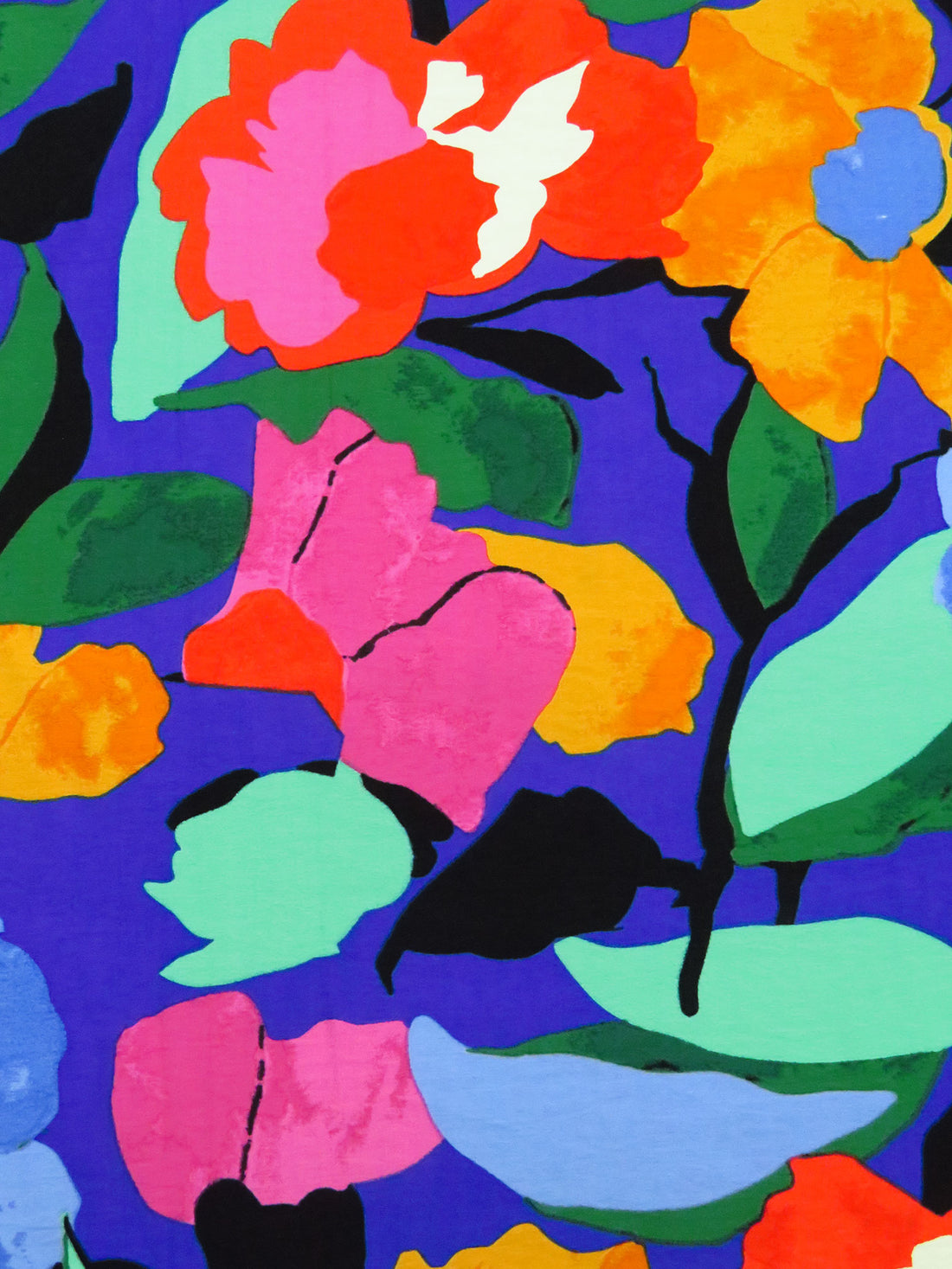 Fuchsia/Royal Blue/Green/Sunset Yellow/Multi Rayon/Nylon Large Abstract Floral Print Challis 56W