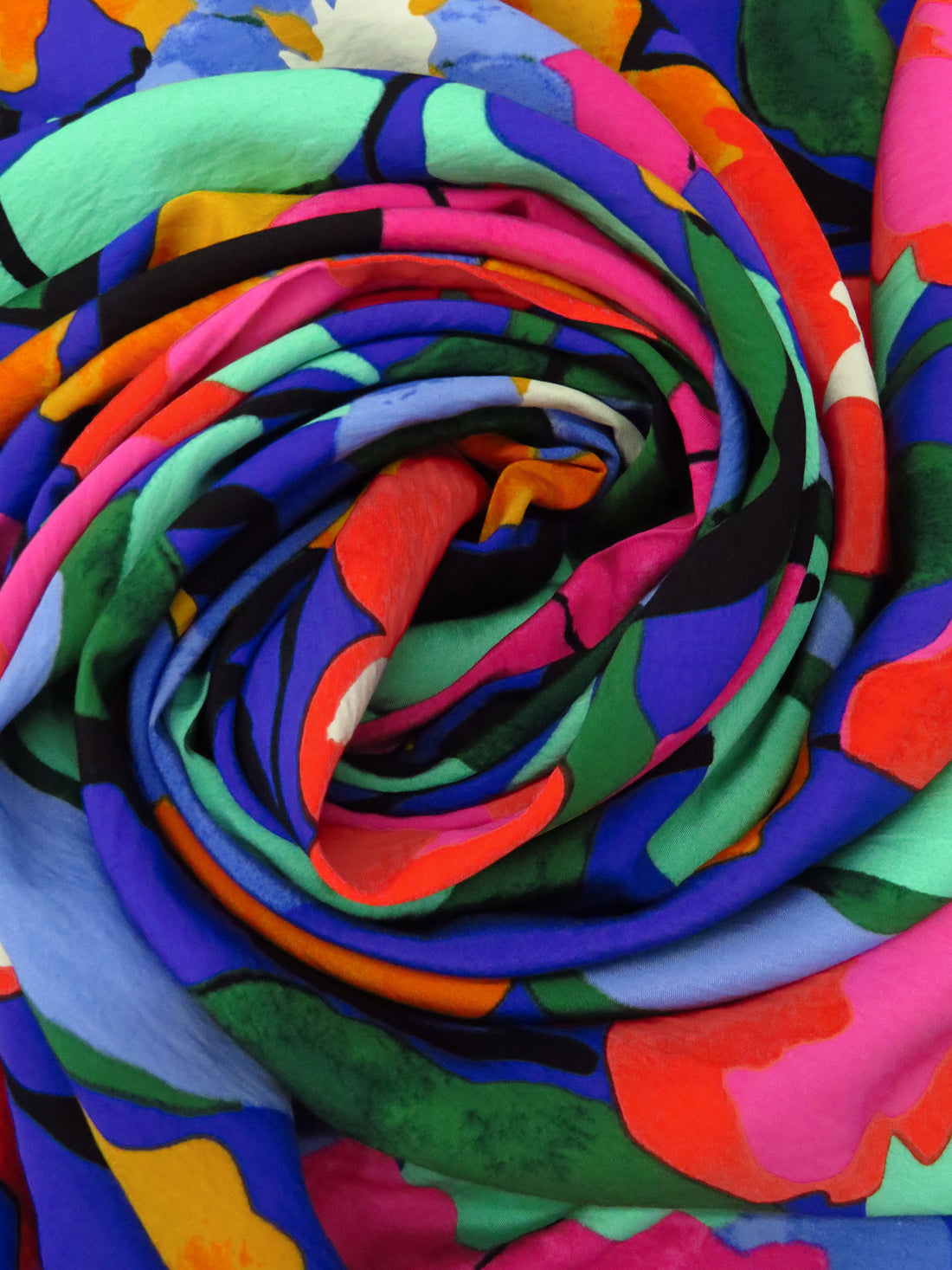 Fuchsia/Royal Blue/Green/Sunset Yellow/Multi Rayon/Nylon Large Abstract Floral Print Challis 56W