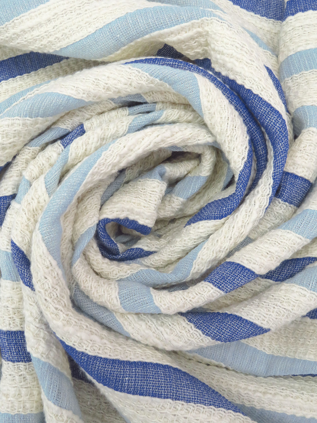 Primary Blue/Sky Blue/Cream Cotton/Rayon Blend Horizontal Stripe Weave Boucle Suiting - NY Designer - 52W