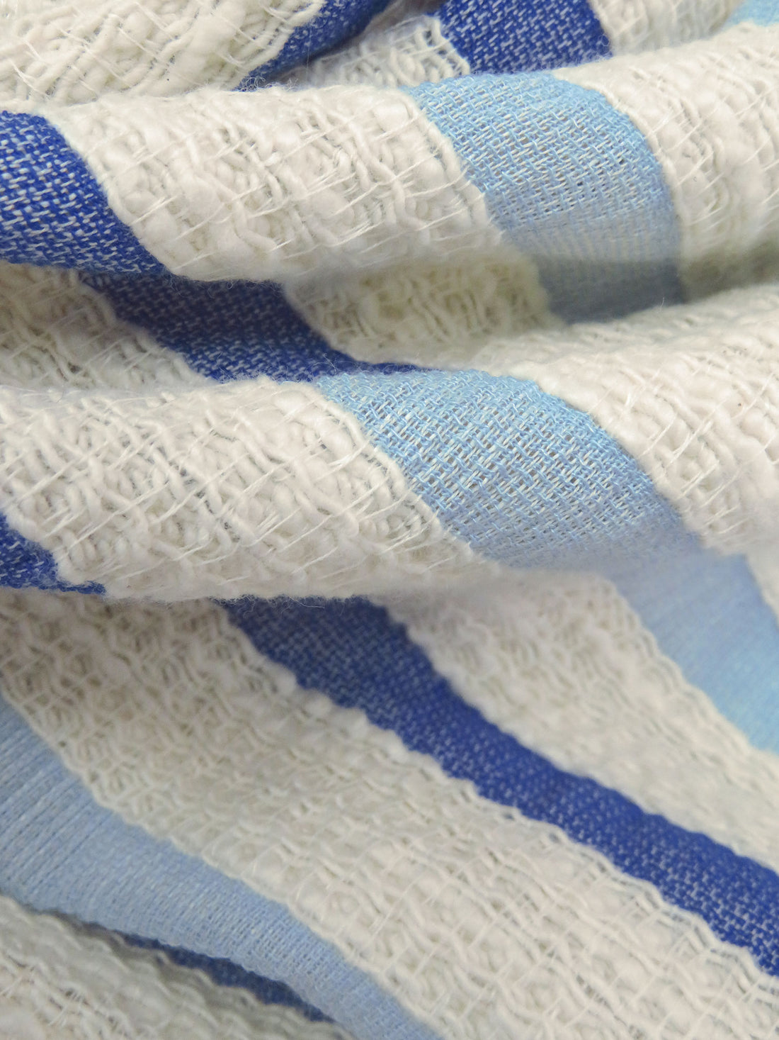 Primary Blue/Sky Blue/Cream Cotton/Rayon Blend Horizontal Stripe Weave Boucle Suiting - NY Designer - 52W