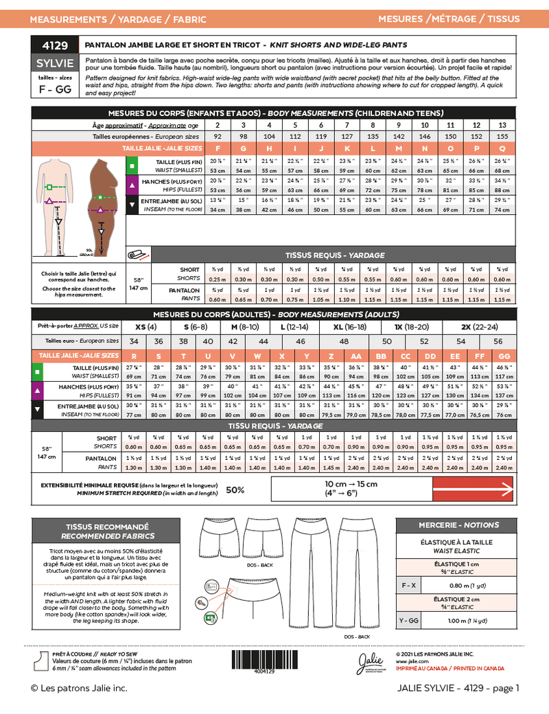 Jalie Patterns - Sylvie Knit Shorts & Wide Leg Pants #4129 - Women/Girls Sizes