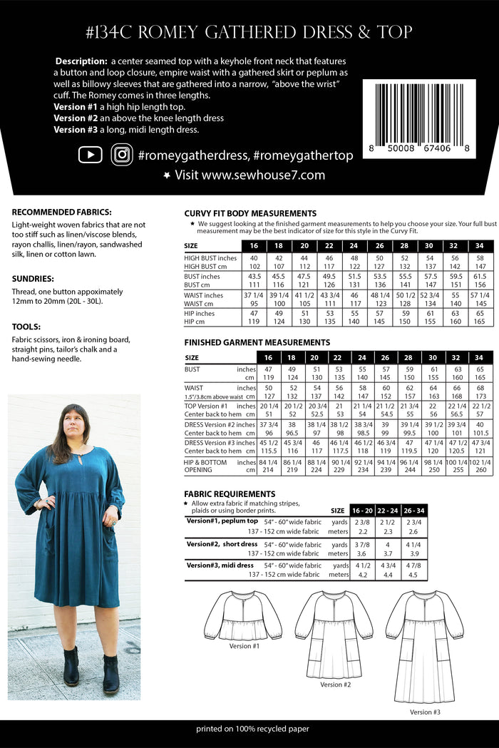 Sew House Seven Patterns - Romey Gathered Dress & Top - Sizes 16-34