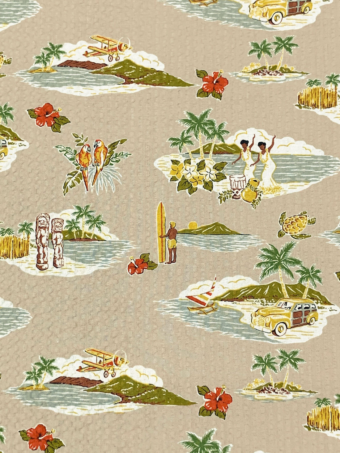 Dusty Tan/Mustard Green/Vermilion/Multi 100% Cotton Tropical Island Print Seersucker Plisse Shirt Weight Woven - Robert Kaufman - 42W