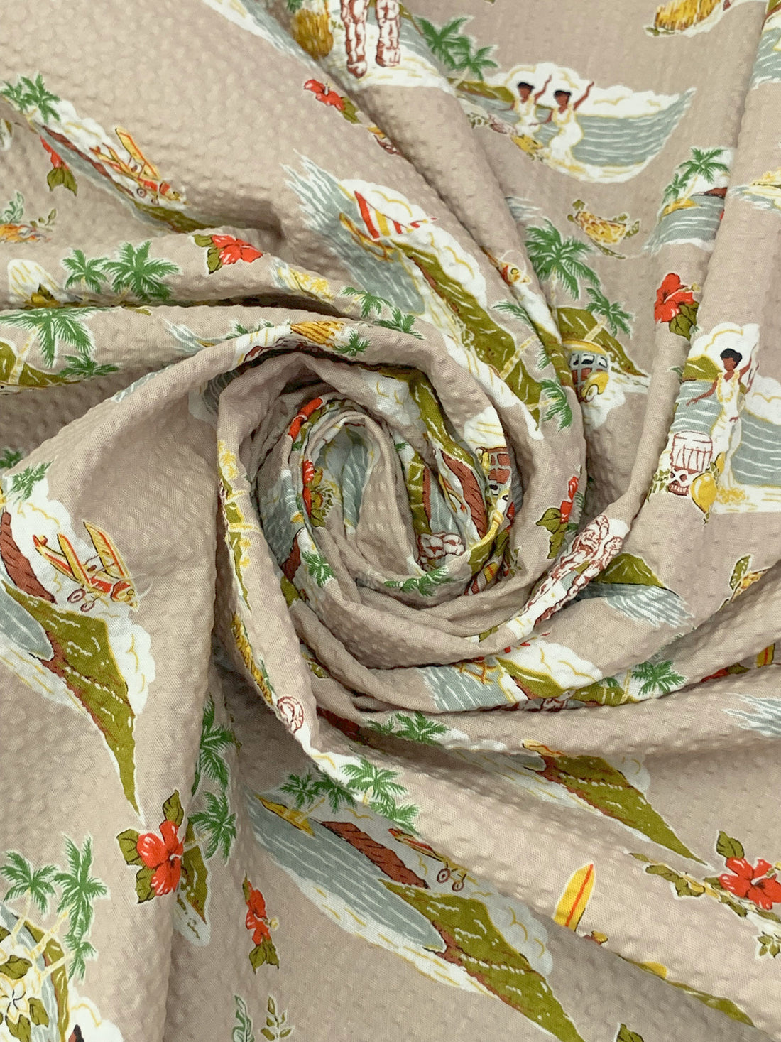 Dusty Tan/Mustard Green/Vermilion/Multi 100% Cotton Tropical Island Print Seersucker Plisse Shirt Weight Woven - Robert Kaufman - 42W