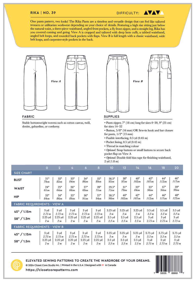 Closet Core Patterns - Rika Pants #39 - Sizes 0-20