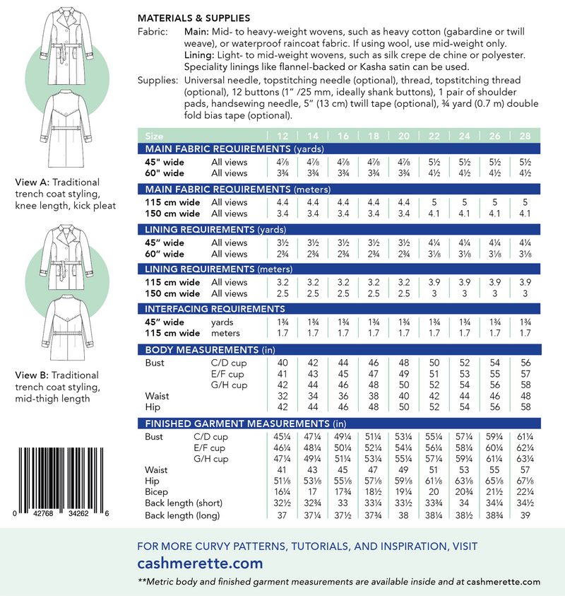 Cashmerette Patterns - Chilton Trench Coat - Sizes 12-28