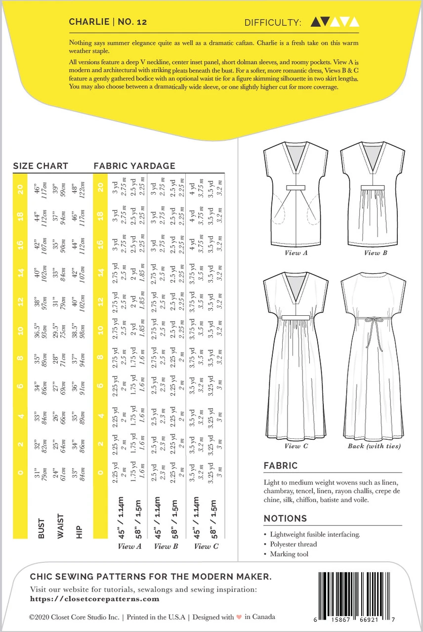 Closet Core Patterns - Charlie Caftan #12 - Sizes 0-20