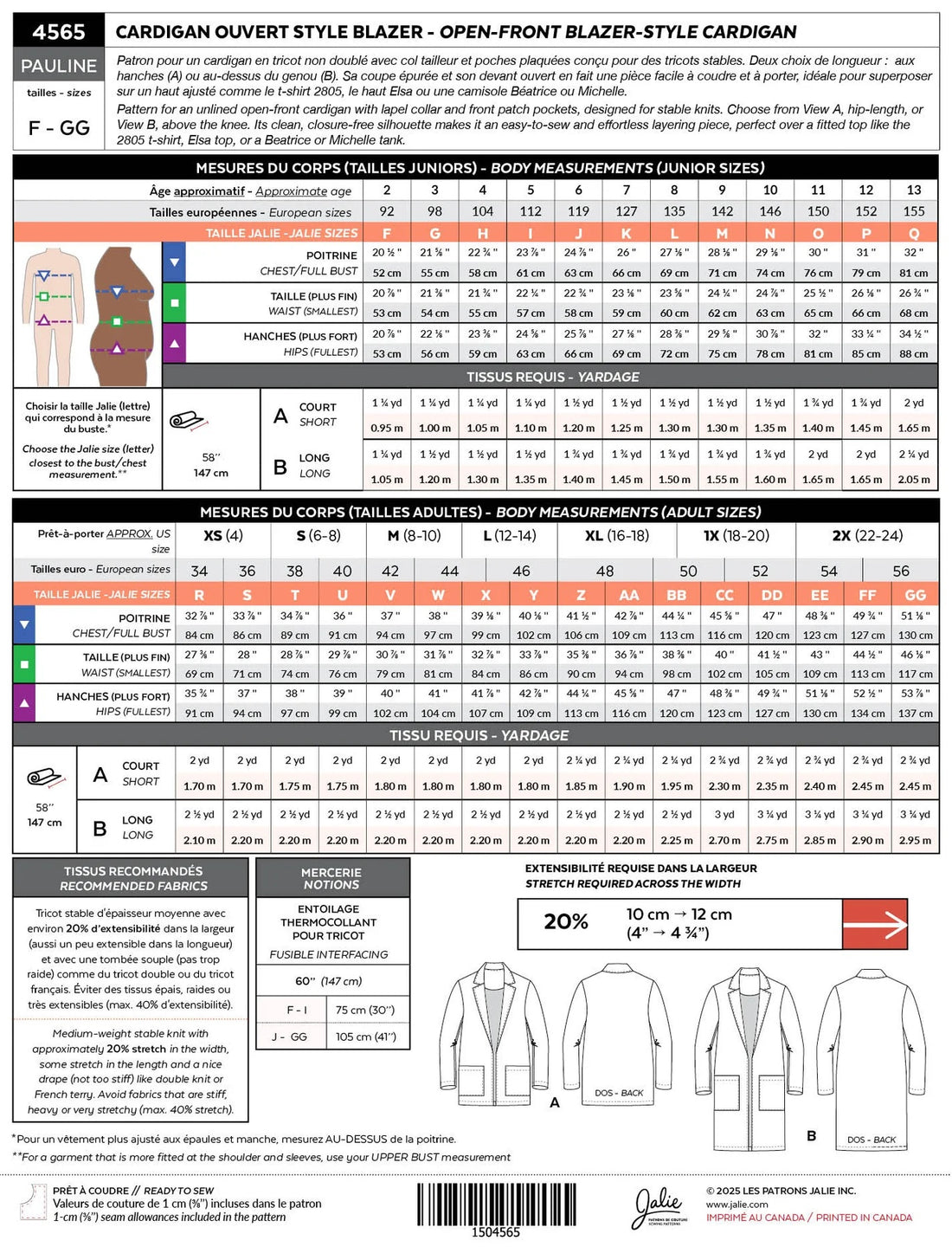 Jalie Patterns - Pauline Open-Front Blazer-Style Cardigan #4565 - Children/Adult 28 Sizes
