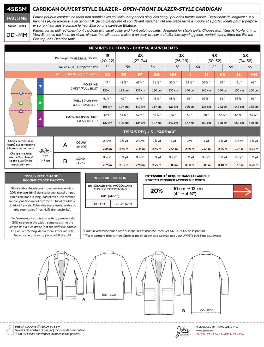 Jalie Patterns - Pauline Open-Front Blazer-Style Cardigan #4565 - Children/Adult 28 Sizes