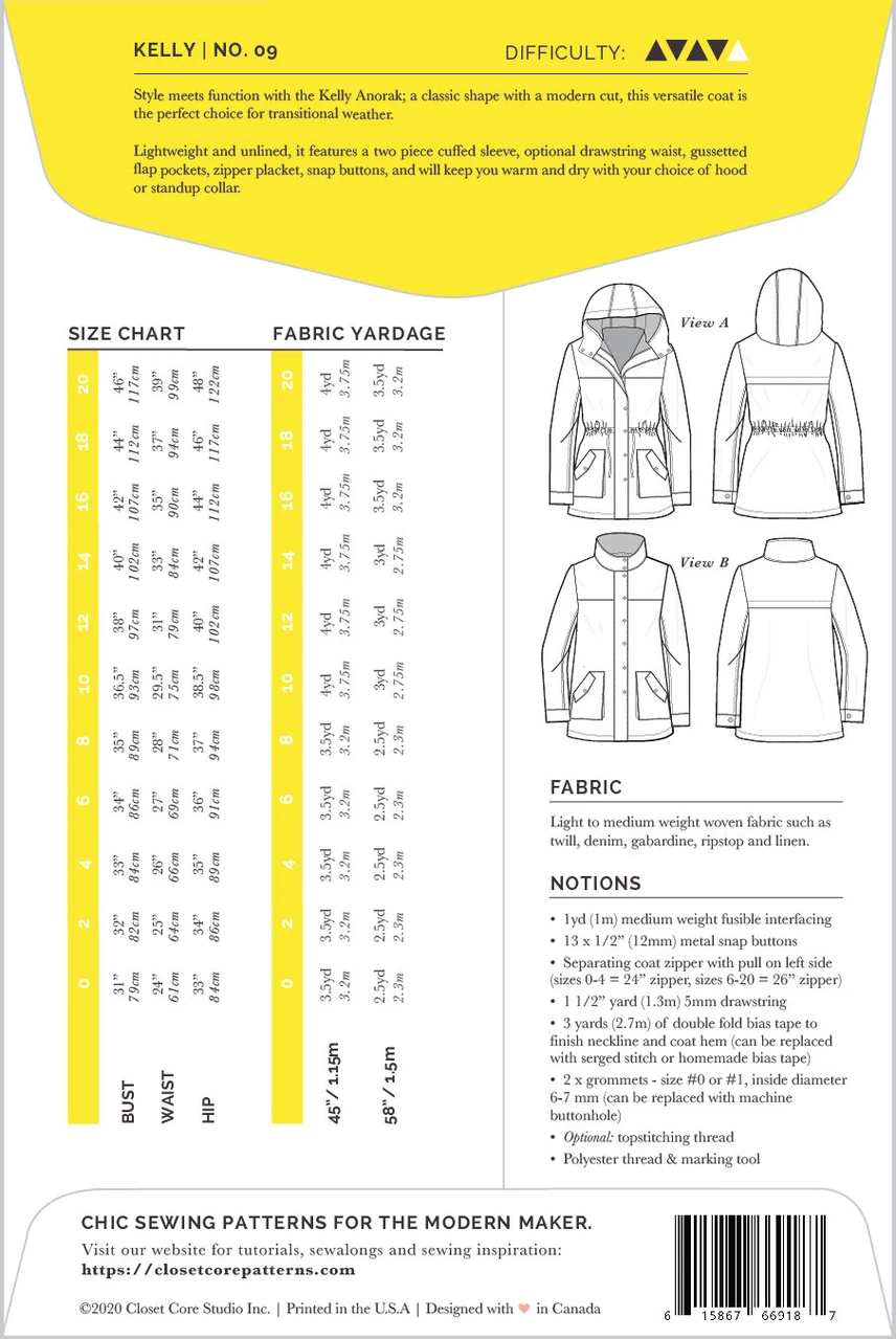 Closet Core Patterns - Kelly Anorak Jacket #9 - Sizes 0-20