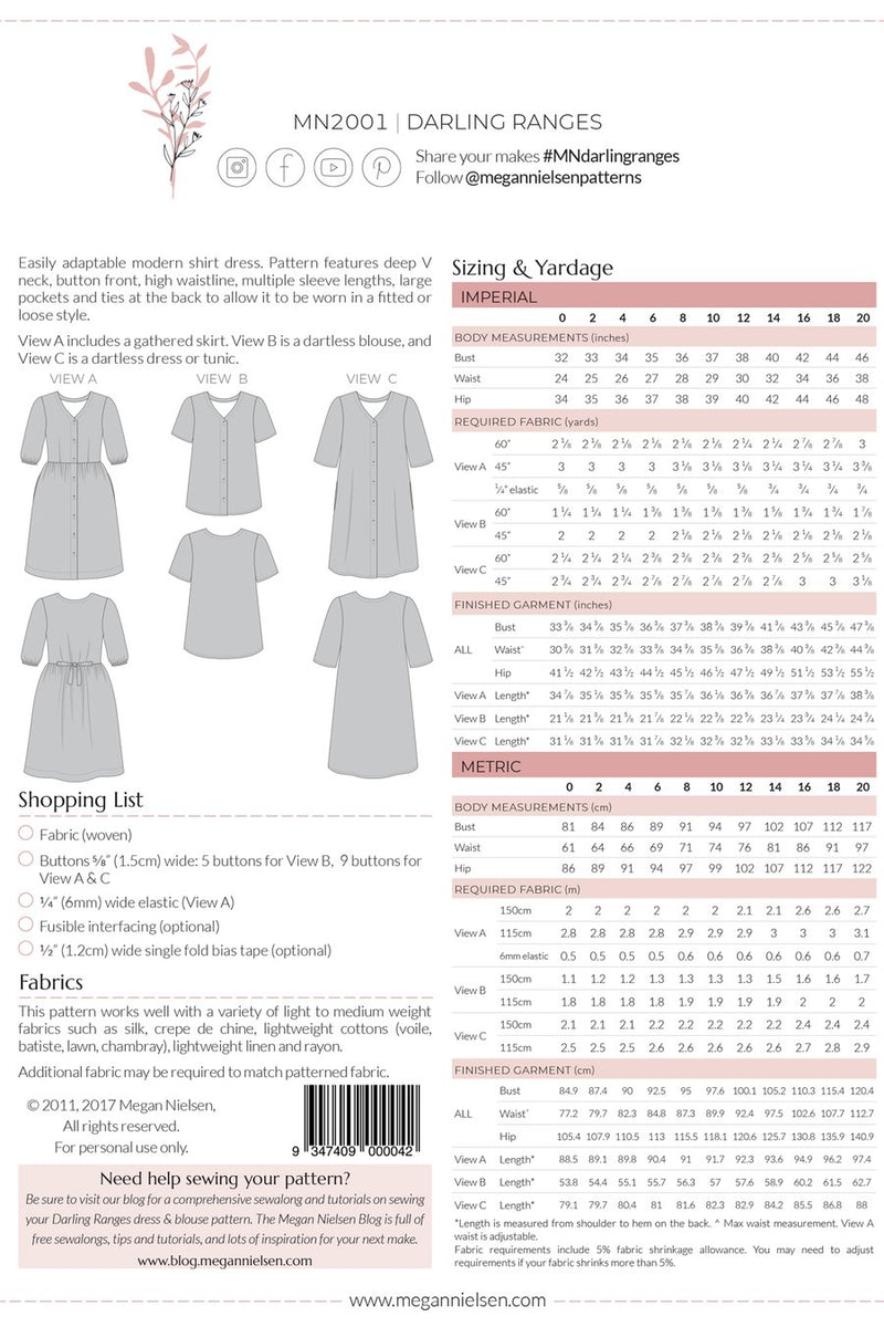 Megan Nielsen Patterns - Darling Ranges Dress & Blouse - Size 0-20