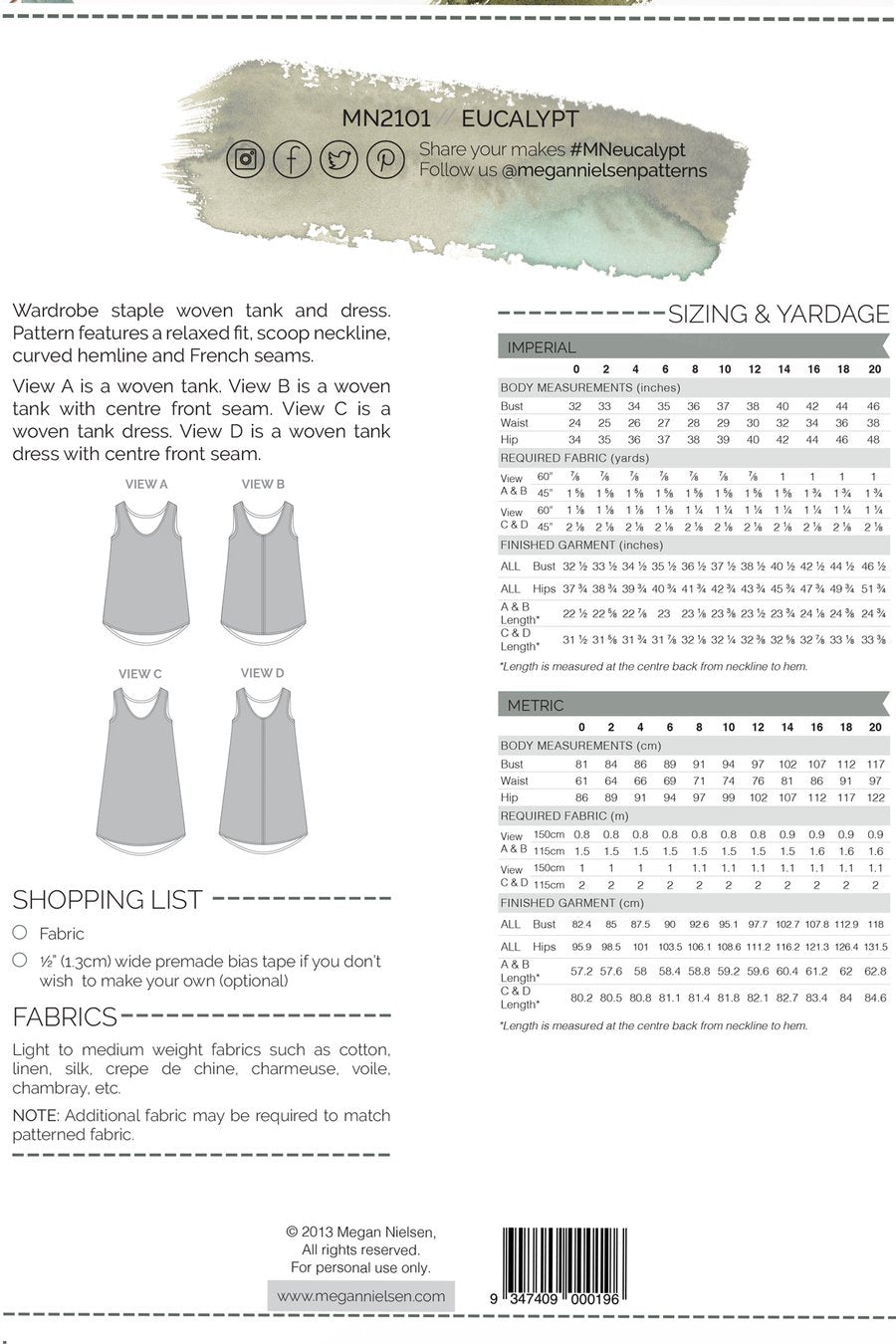 Megan Nielsen Patterns - Eucalypt Dress & Tank - Size 0-20