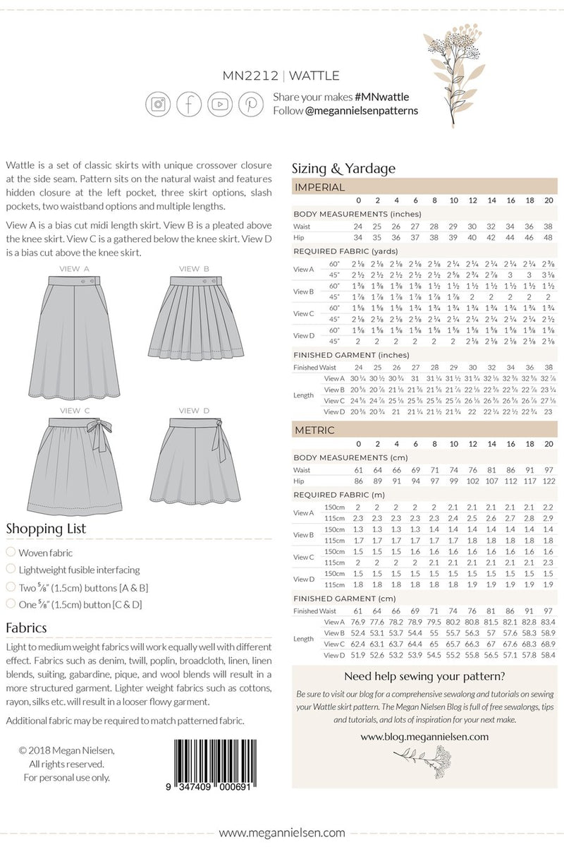 Megan Nielsen Patterns - Wattle Skirt - Size 0-20