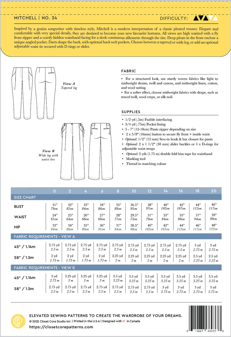 Closet Core Patterns - Mitchell Trousers - Size 0-20