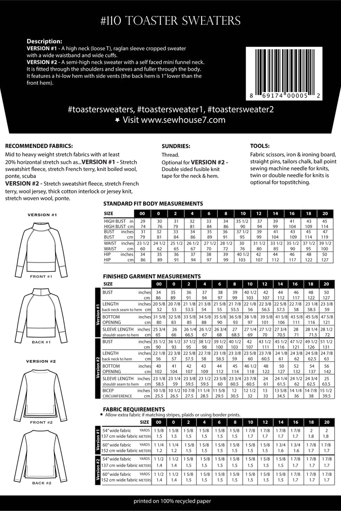 Sew House Seven Patterns - The Toaster Sweaters - Sizes 00-20