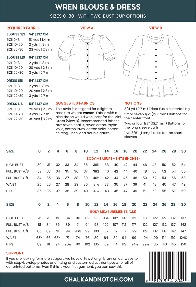 Chalk and Notch Patterns - Wren Blouse & Dress - Sizes 0-30