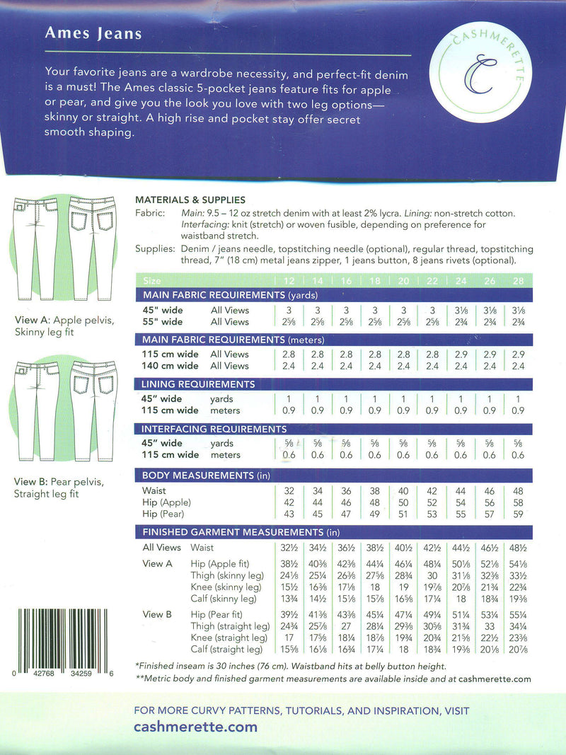 Cashmerette Patterns - Ames Jeans - Sizes 12-28