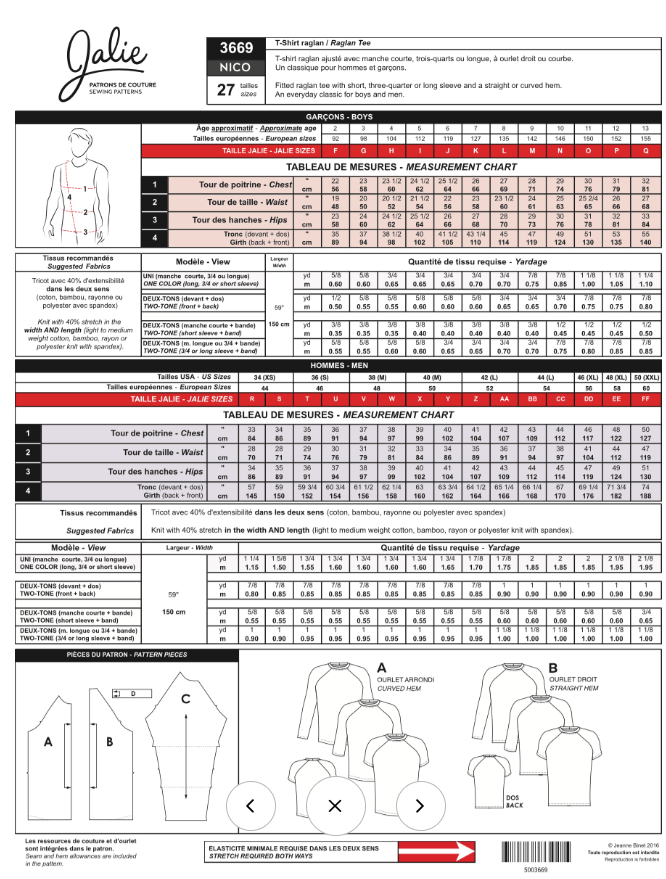 Jalie Patterns - Nico Raglan Tees #3669 - Mens/Boys Sizes